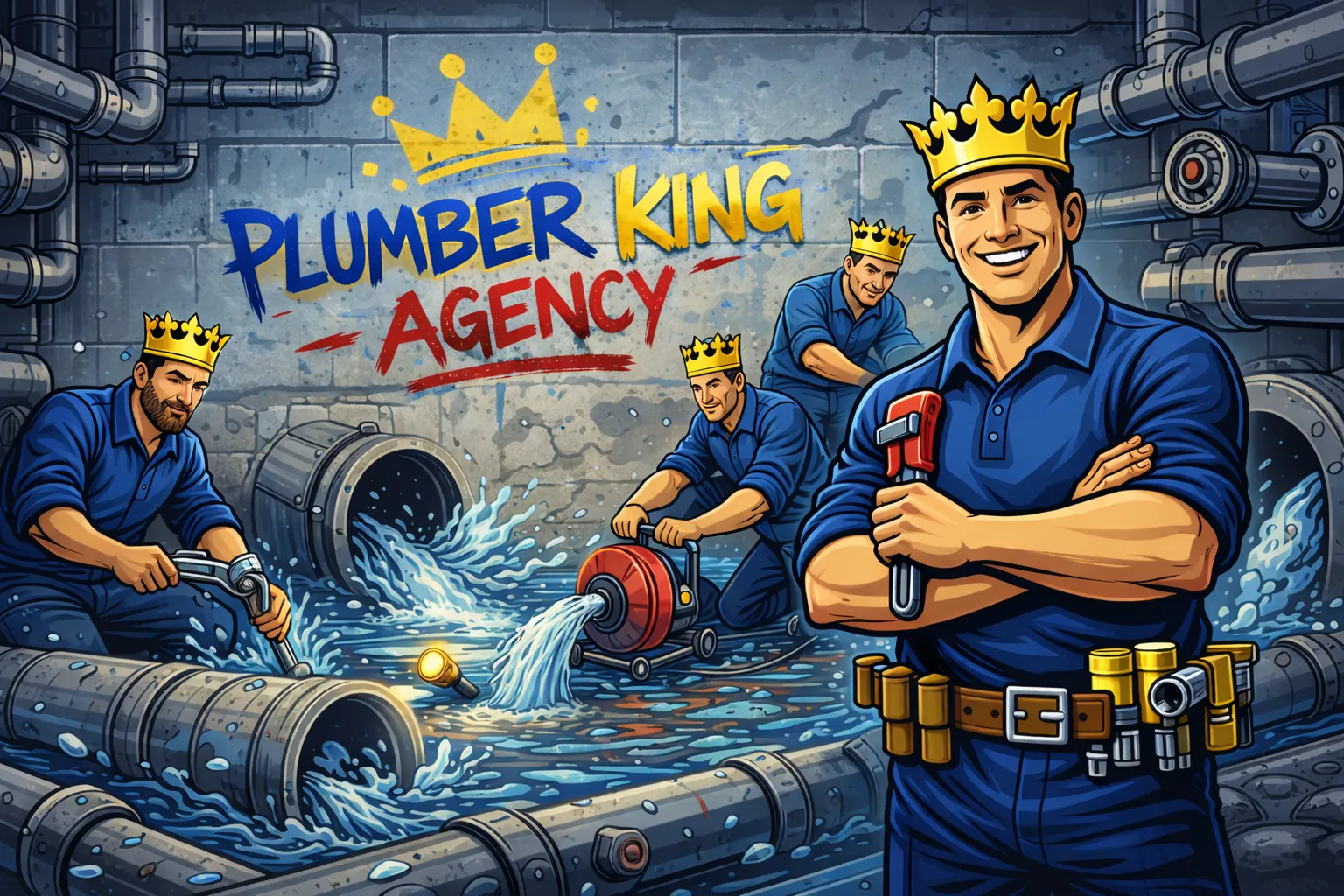 Illustration: the Plumber King Agency crew at work, each plumber wearing a gold crown