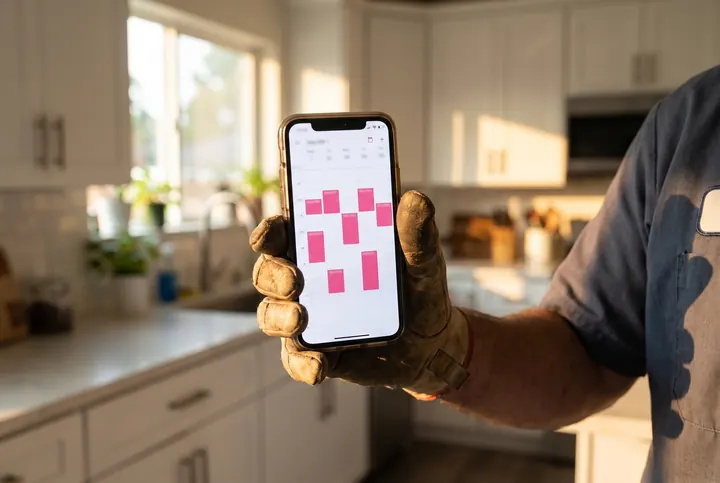 A plumber's gloved hand holding a phone with a full week of booked jobs