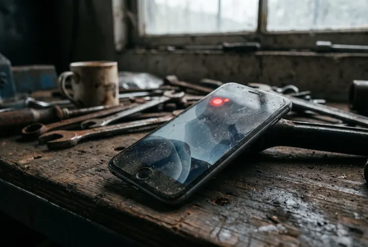 A dusty cracked phone on a workbench with a missed-call dot