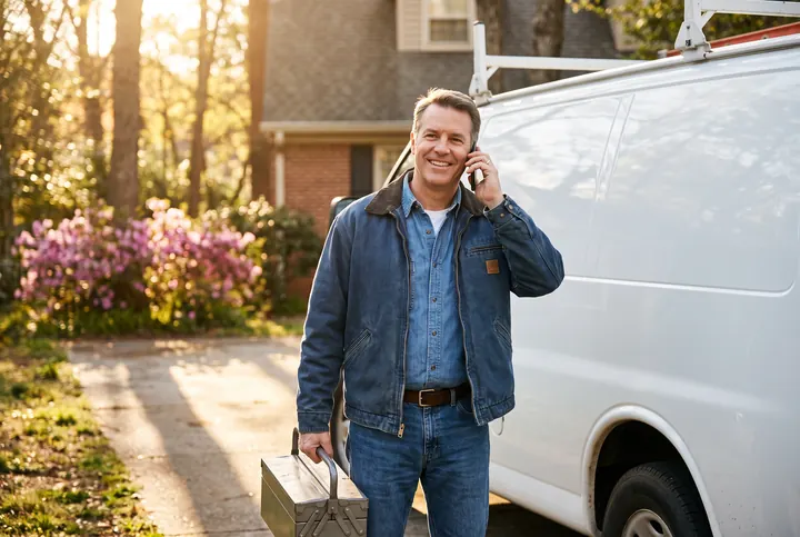 A smiling plumber taking a call beside his van