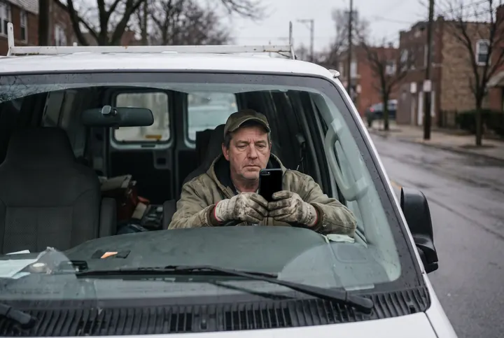 A plumber sitting in his van staring at a quiet phone