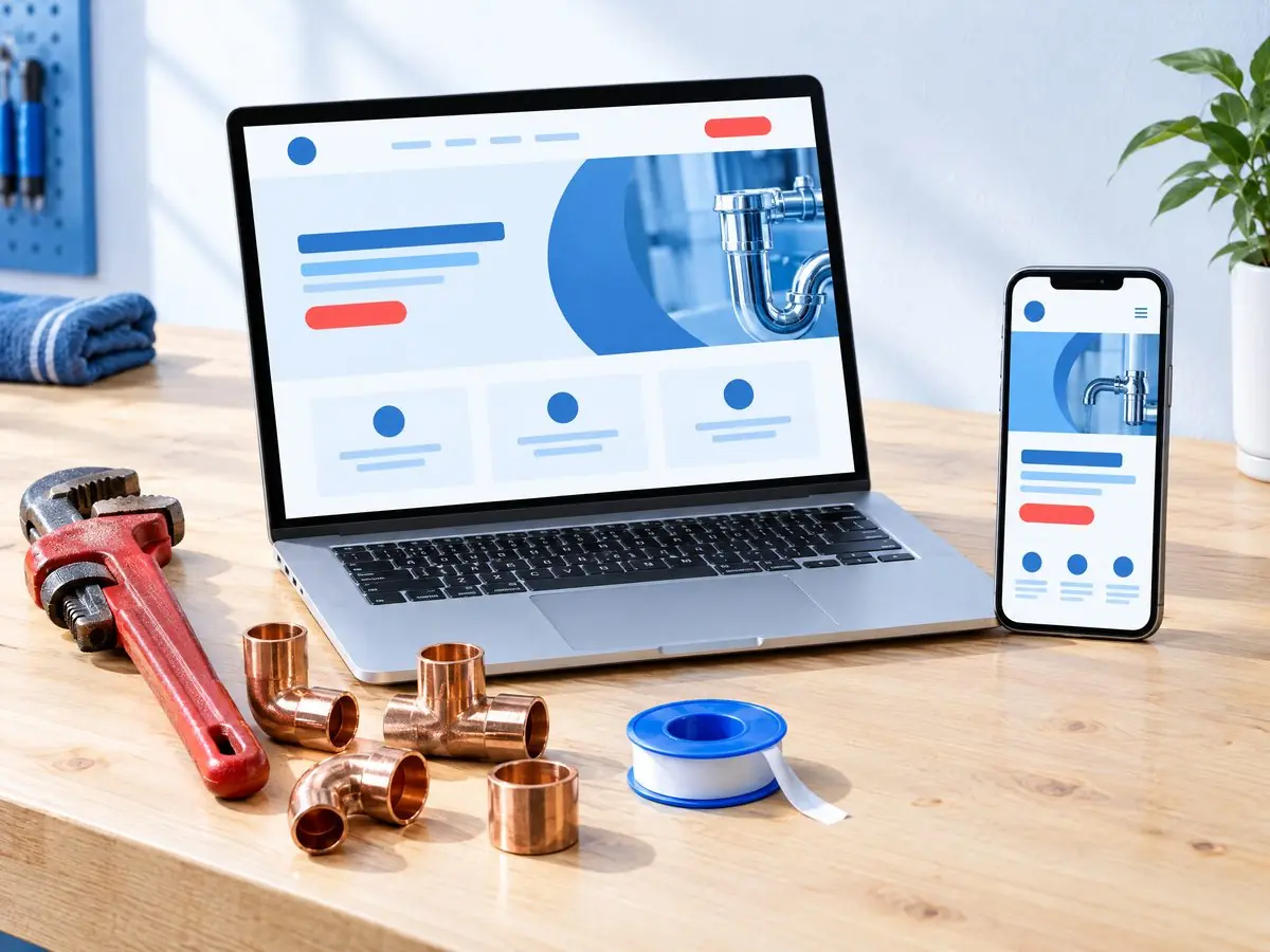 Laptop and phone showing a clean website next to plumbing tools