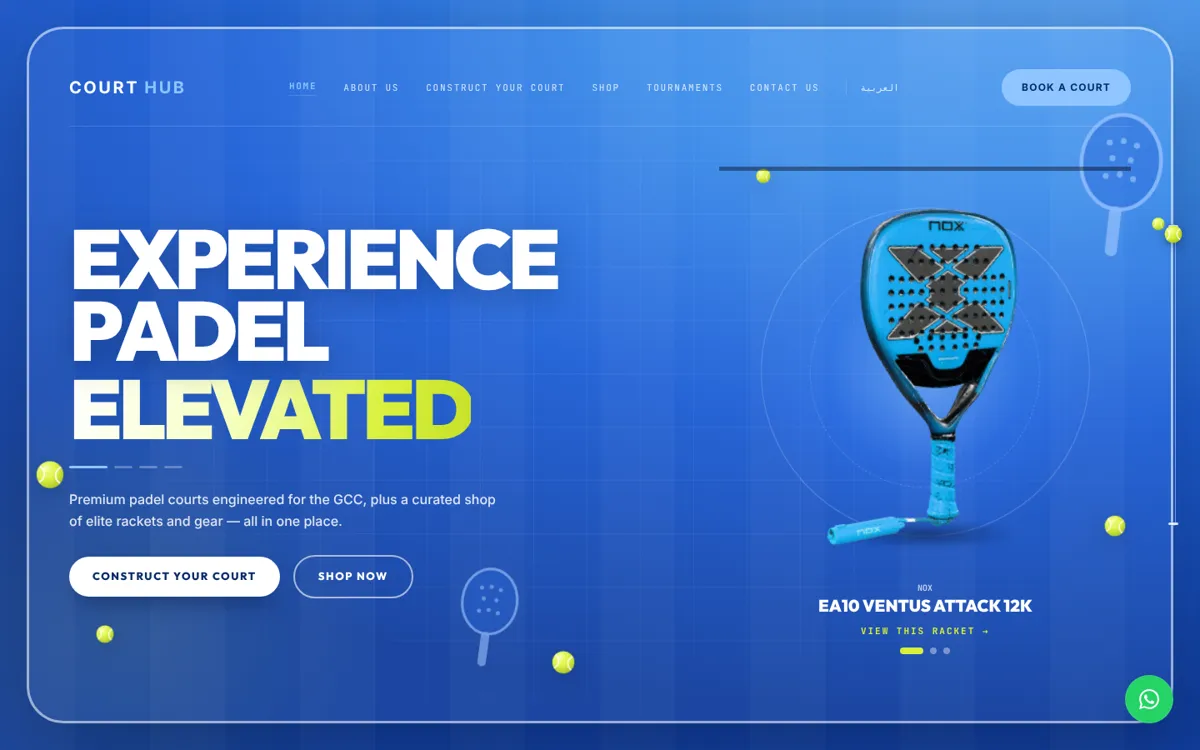 The CourtHub homepage: Experience Padel Elevated, with a featured NOX padel racket