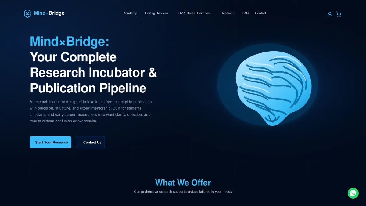 The MindXBridge homepage: Your Complete Research Incubator and Publication Pipeline, with a glowing blue brain